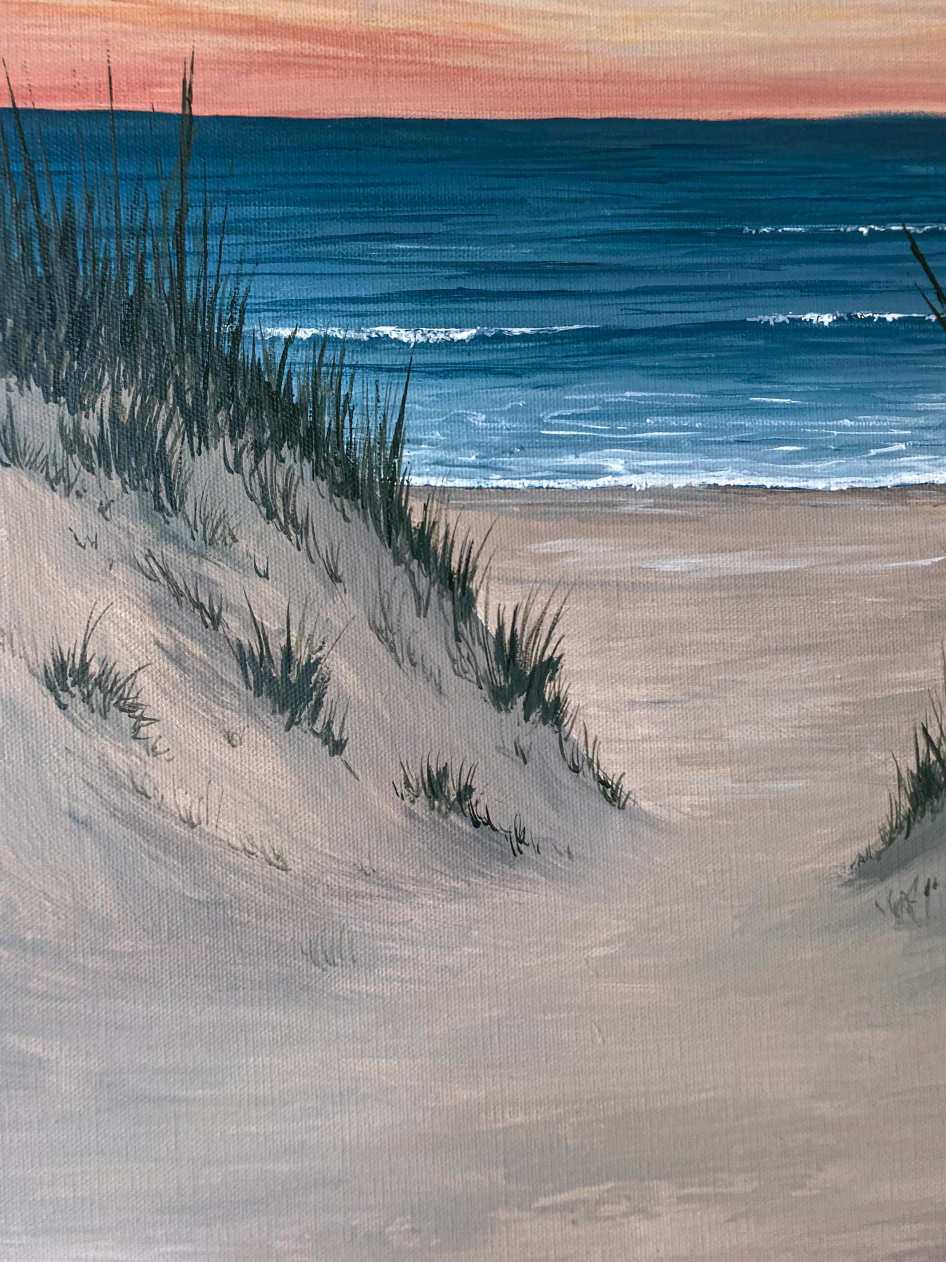 seascape painting with magical sunset and sand dunes beach vibes calming painting details