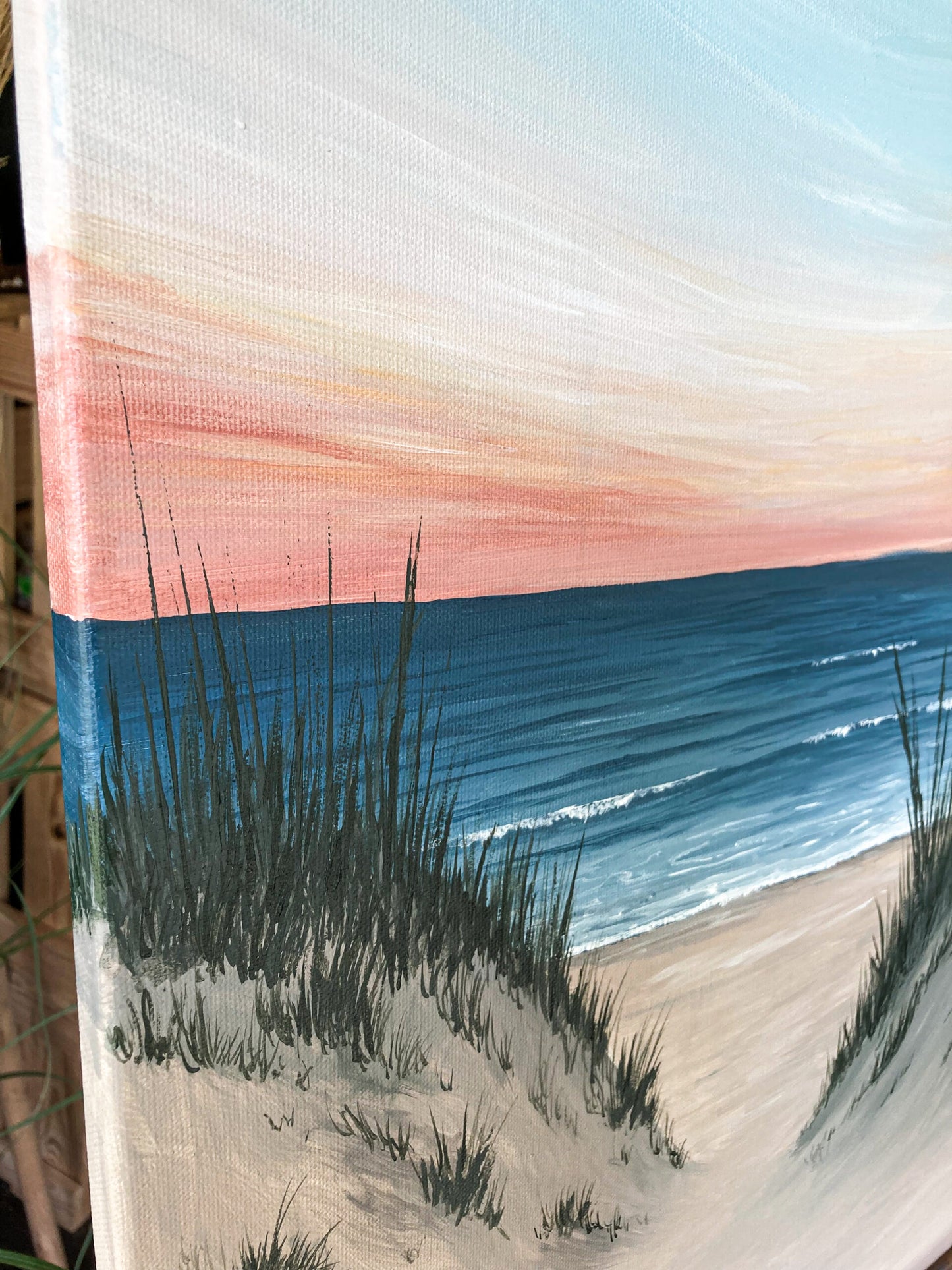 seascape painting with magical sunset and sand dunes beach vibes calming painting details